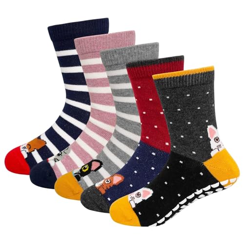 ZFSOCK Stoppersocken Kinder Antirutschsocken Rutschfeste: Lustige Baumwolle Bunte Tiermuster Haussocken ABS Socken Knöchelsocken Mädchen Strümpfe mit Noppen Größe 23-26, 2-4 Jahre Alt 5 Paare