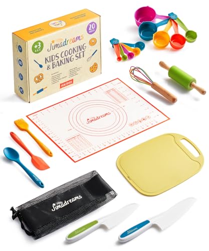 Jimadreams® Küchenset und Backset Kinder – Sicheres Montessori Kindermesser Set und echtes Küchenutensilien Kinder Set zum Kochen und Backen – Lernspielzeug Geschenk Mädchen Jungen ab 3 Jahren