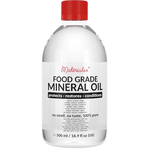 Materialix Mineralöl in Lebensmittelqualität (500ml) - für Produkte wie Holz, Bambus, Stein, Schiefer, DYI-Kosmetik, Balsame, Cremes, Lotionen, Haarpflege, Badeprodukte, Salben eignet.