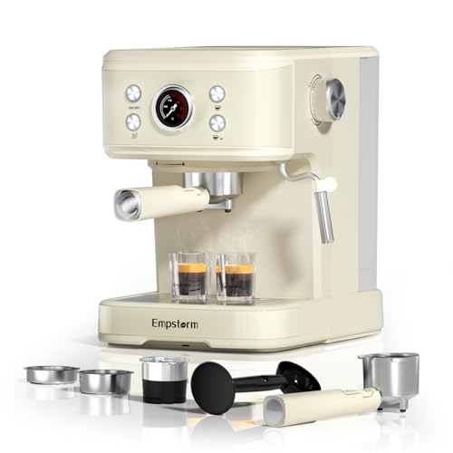 Empstorm Espresso Siebträgermaschine, Kaffeemaschine mit Milchaufschäumer, 20 Bar Espressomaschine, 2 in 1 Expresso Machine Siebträger Kaffeemaschine für Kaffeepulver & Kaffeekapseln, Weiß