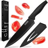 Axer Kochmesser 20 cm - Scharfes Küchenmesser mit Klingenschutz - Schwarzes Chefmesser - Chef Knife - Koch Messer Scharf - Carbonstahl Messer mit Scheide, Schwarz