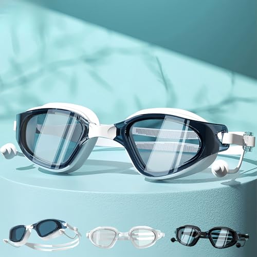 Vyloky Optische Schwimmbrille mit Sehstärke | Dioptrien: 0bis -8,0 | Anti-Fog |UV-Schutz |super Paßform | incl Nasensteg und Stabiler Box,Mit Ohrstöpseln (See blau weiß, -2.5 D)