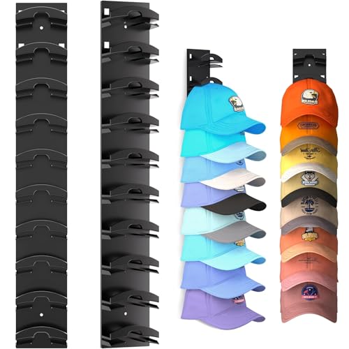 LeKuni Regal Wand 2 Stück Cap Halter, Kappenhalter Mit Starkem Klebstoff für Bis Zu 20 Hüte, Cap Halterung Wand Mehrschichtig, Regale für Wände Zwei Befestigungsoptionen (schwarz)