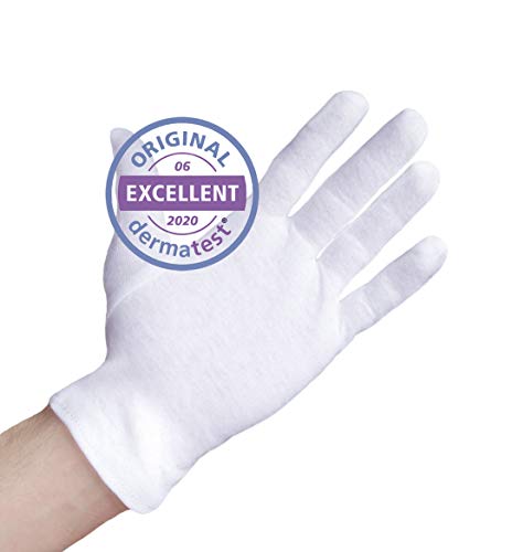 Baumwollhandschuhe aus 100% Baumwolle (Dermatest: Sehr gut), Weiße Handschuhe, Weiche Textilhandschuhe für Handmasken, Stoffhandschuhe mit zertifizierter Hautverträglichkeit, 3er Pack
