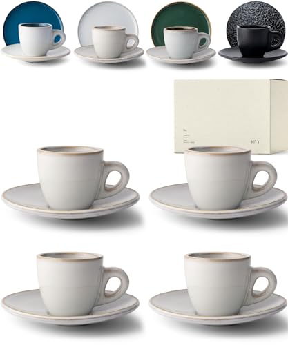 KIVY Espressotassen Set [4 x 75ml] - Handgefertigt aus dickwandigem Steingut Tasse - Espresso Tassen Set mit Untertasse - Espressotassen dickwandig italienisch - Espressotasse Beige Grau - Mokkatassen