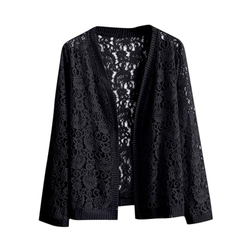 duxyoz Damen-Spitzen-Cardigan, hohl, vorne offen, langärmelig, Cardigan, Kimono, Hemd, bauchfreies Top, lockere Passform, Sommerbluse, Überwurf, einfarbig, elegante Spitzenbluse, 02 Schwarz, 4XL