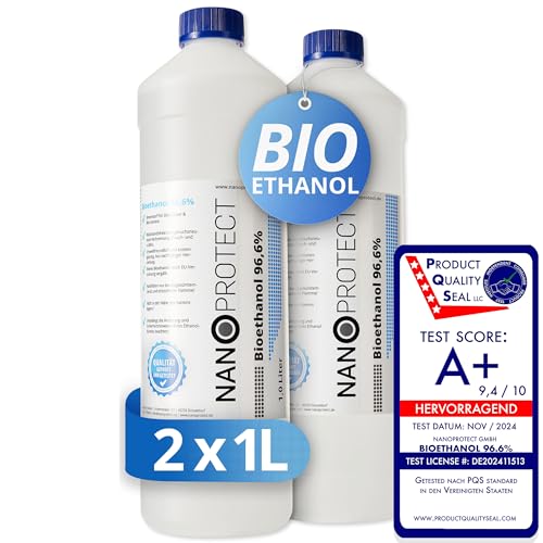 Nanoprotect Bioethanol 96,6% | 2 x 1 Liter | Flüssiger Ethanol Brennstoff für Indoor Kamin und Tischfeuer | Reiner Ethylalkohol als Lösemittel | Geprüfte Premium Qualität