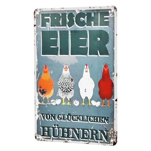 Hühnerstall Draußen Blechschild, Frische Eier Glückliche Hühner Metallschild, Retro Bauernhaus-Dekoration für Landhaus, Land, Outdoor, Hühnerei, Verkauf, Markt, Bauernhof, Wanddekoration (30 x 20 cm)