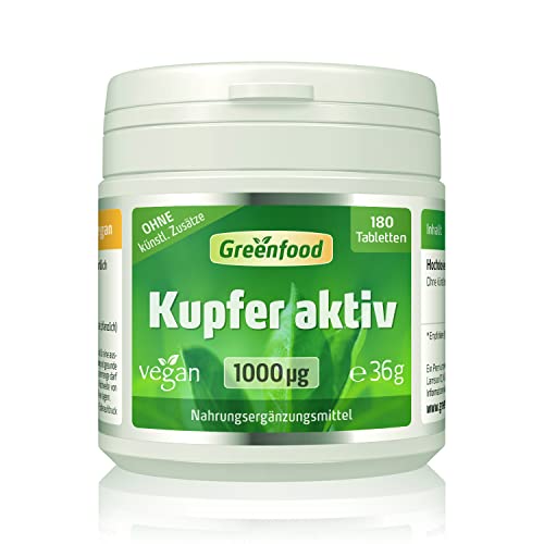 Kupfer aktiv, 1.000 µg (1mg), hochdosiert, 180 Tabletten, vegan - gut für Haar- und Hautpigmentierung, Energiestoffwechsels und Immunstystem. OHNE künstliche Zusätze. Ohne Gentechnik.