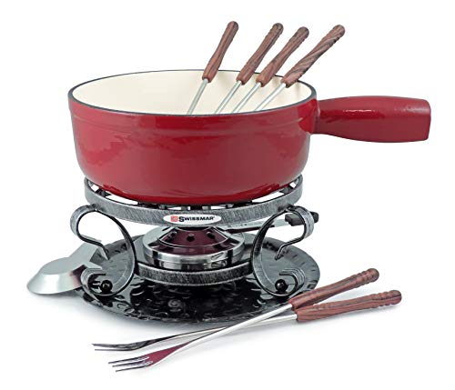 Swissmar KF-66517 Lugano Fondue Set 9-teiliges, Gusseisen/Edelstahl, Kirschrot, 2L, Fondue-Set für Fleisch, Käse und Schokolade, für 4 Personen, Geschenkset