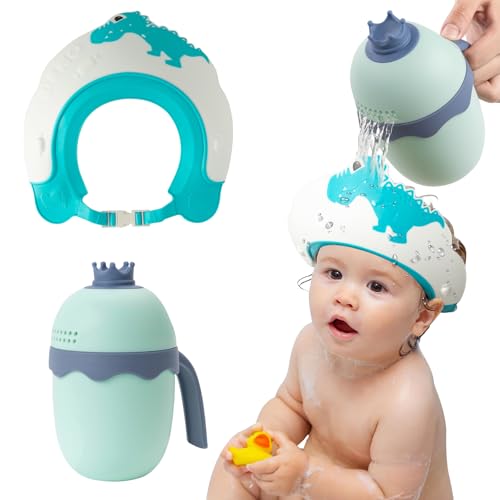 FUNUPUP Duschhaube Kinder mit Haarwaschbecher, Haarwaschhilfe Kinder Baby Haare Waschen Schutz (Dinosaurier Blau)