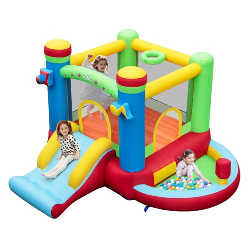COSTWAY Hüpfburg mit Rutsche, Sprungbereich, Basketballkorb, Bällebad & Boxbereich, für Indoor und Outdoor, inkl. Tragetasche, Reparaturset, 294 x 290 x 190 cm