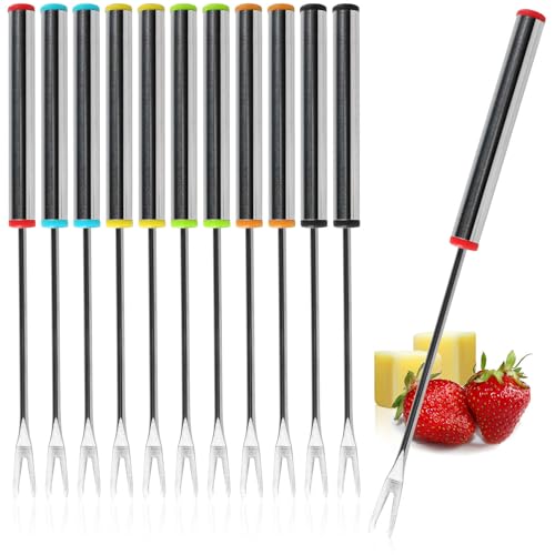 COM-FOUR® 12x Fondue Gabeln aus Edelstahl (18 cm) – Für Käse- & Schokoladenfondue – Spülmaschinengeeignetes Fonduebesteck mit Edelstahlgriff & farbiger Kappe – Für gesellige Abende (12 Stück - bunt)