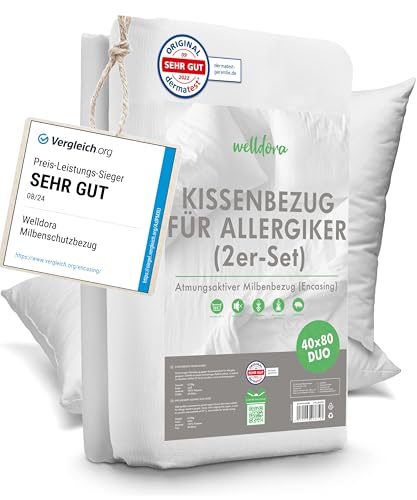 Welldora ǀ 2er-Set Milbenbezug Kissen 40x80 ǀ Allergiker Kissenbezug fachärztlich getestet ǀ Premium Encasing gegen Milben & Bettwanzen ǀ Allergiker Bettwäsche