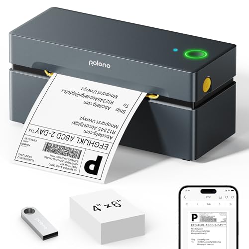 POLONO Bluetooth Etikettendrucker, Etikettiergerät 4x6 DHL labeldrucker, Ettikettendrucķer Label Printer für iOS, Android, Windows und Mac, Kompatibel mit Amazon, Ebay, Shopify, Etsy, USPS (Grau)