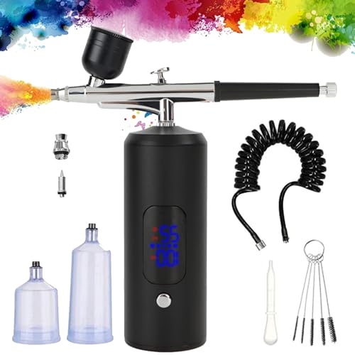 Airbrush Set mit Kompressor, Tragbares Airbrush-Kit 38PSI Spritzpistole mit Kompressor Tragbares Handheld Schnurloses Air Brush Kompressor Set mit LCD Bildschirm, 0,3mm Düsen, Dual-Action