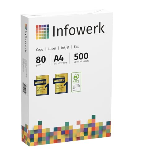 Infowerk Druckerpapier Kopierpapier 500 Blatt 1 x 500 A4 80g Premium Weiß Testsieger PEFC