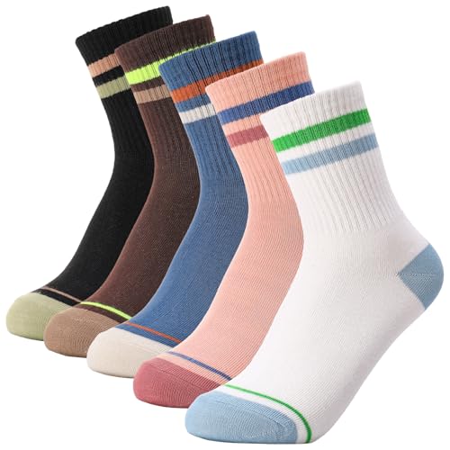 Zuimei 5 Paar Kinder-Sportsocken, gestreifte Crew-Sportsocken, Junior-Baumwoll-Schulsportsocken für Mädchen und Jungen, Größe 37-39, Schwarz, Blau, Braun, Rosa, Weiß, 6-12 Years