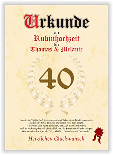 Urkunde zum 40. Hochzeitstag - Rubinhochzeit - Geschenkurkunde Rubin Hochzeit personalisiertes Geschenk Karte zum Ehrentag XXL DIN A4