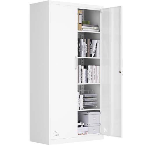 YITAHOME Aktenschrank, Abschließbar Metallschrank mit 4 Verstellbaren Regalen, Büroschrank, Stahl-Aufbewahrungsschrank, Metallschrank, Garage, Büro, Abstellraum, 180 cm x 90 cm x 45 cm, Weiß