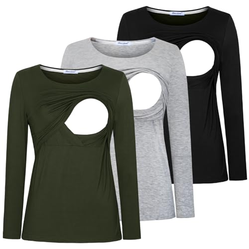 Bearsland Women's Nursing Shirt Long Sleeve Round Neck Breastfeeding Top, Black & Light Gray & Army Green, M