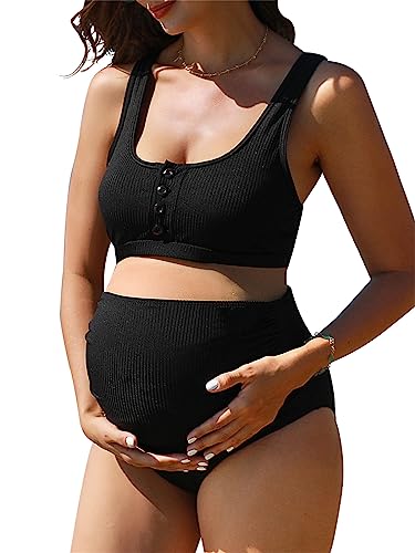 Summer Mae Schwangerschafts-Badeanzug, gerippt, hohe Taille, bauchfreies Oberteil, Bikini, Badeanzug, hoher Schnitt, zweiteilig, Schwangerschafts-Bademode, Schwarz, XX-Large