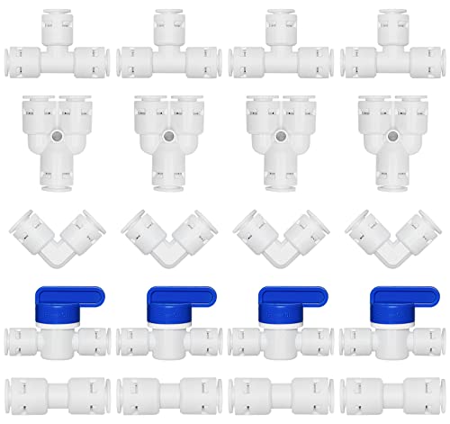 ilauke 20 Stück Wasserzulaufleitung Universal Anschluss-Set, RO Wasserfilter Fitting für 1/4 Zoll (6mm) Kühlschrankschlauch Wasserschlauch Side by Side Kühlschrank (Y + T + I + L Typ + Absperrventil)