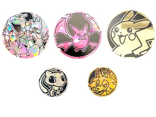 Pokemon Münzen 5 Pack, Verschiedene Größen von Münzen, Pokemon Silbermünzen, Pokemon Goldmünzen, offizielles Pokemon Kartenzubehör für Pokemon Kartenspiel