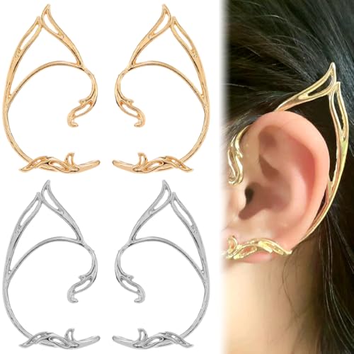 LQIOACU 2 Paar Ear Cuff Elfen Ohrringe für Damen Elfenohren Catwoman Ohrschmuck Elf Ears Elfen Ohren Elfenohren Schmuck für Elben Kostüm Feenkostüme Frauen Cosplay Kostüm (Gold, Silber)