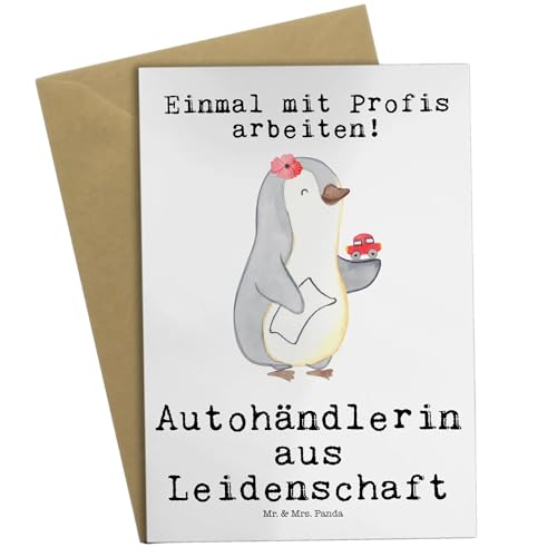 Mr. & Mrs. Panda Grußkarte Autohändlerin Leidenschaft - Geschenk, Autoverkäuferin, Autoprofi, Einladungskarte, Geburtstagskarte, Schenken, Kollege,
