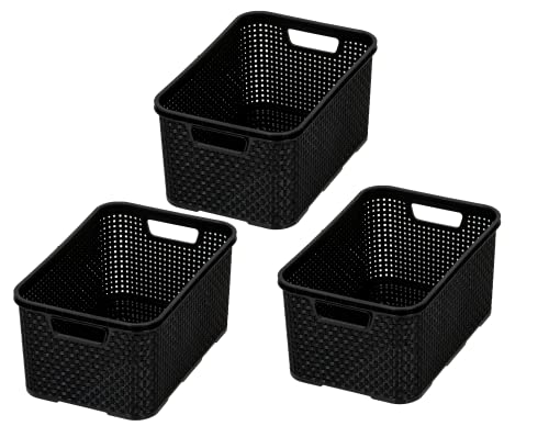 BranQ - Home essential Korb in Rattan Design 3er Set Grösse S 7l, BPA-frei Kunststoff PP, Schwarz, 28,5x19,5x12,9 cm, 3 Stk.