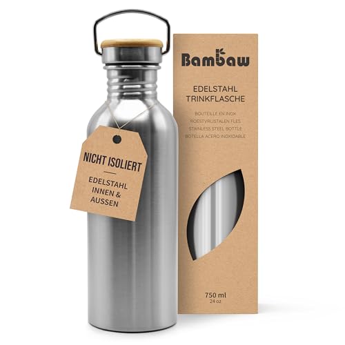 Bambaw – Einwandige Edelstahl Trinkflasche, Edelstahl Trinkflasche 750ml, Nicht Isolierte Wasserflasche aus Edelstahl, Trinkflasche 750ml, 750ml Metall-Wasserflasche, Unisex, Metall-Trinkflasche