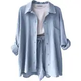 Generic Damen Elegantes Outfit Sport Kleidung Workout Set Damen Sommer Zweiteiler Damen Luftig Casual Outfit Outfit Damen Set Musselin Bluse Damen Mode Frühling Musselin Bluse Damen（2-Light Blue,L