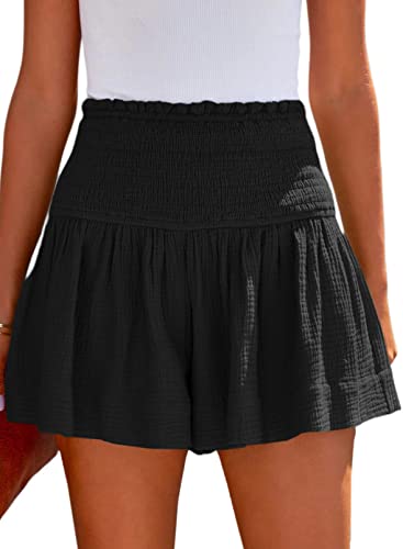 Tincini Shorts Damen Sommer Baumwolle Elastisch High Waist Kurze Hosen Causal Rüschen Strandshorts Einfarbig Freizeit Shorts Sweatpants (Schwarz, M)