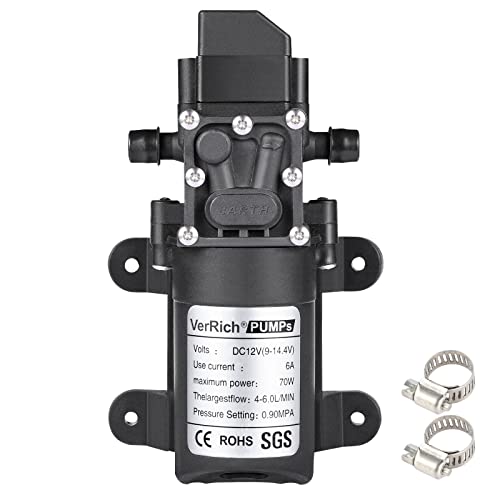 VerRich Diaphragm Pump, 12 V Water Pumps 70 W Self-Priming Pump 6 L/Min 0.9MPA 131 PSI with Pressure Switch with 2 Adjustable Hose Clamps