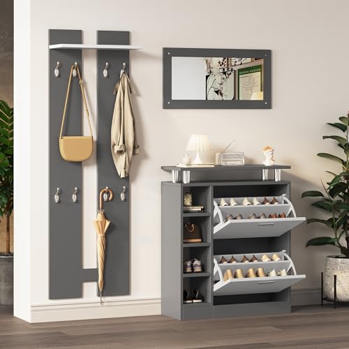 Ymkua Garderobenset Wandgarderobe Set, Flurgarderobe Set mit Spiegel, 2 Wandpaneelen, Einer Regalwand und Schuhschrank, Garderoben Set, Wandgarderobe, Flurmöbel, Flurgarderobe, 80x25x96.5 cm (Grey)