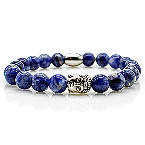 Sodalith Armband Bracelet Perlenarmband blau Buddhakopf silber 8mm Edelstahl (Buddha)