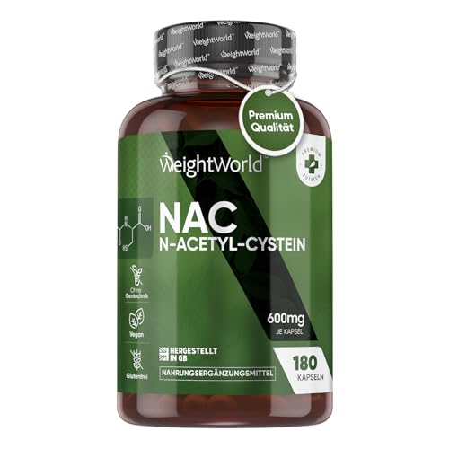 NAC - N-Acetyl L-Cystein - Natürliche Antioxidantien - 180 Kapseln - 600mg je Kapsel - 6 Monate Vorrat - Glutathion - Aminosäuren - N Acetyl Cystein - Hohe Bioverfügbarkeit - Vegan - WeightWorld