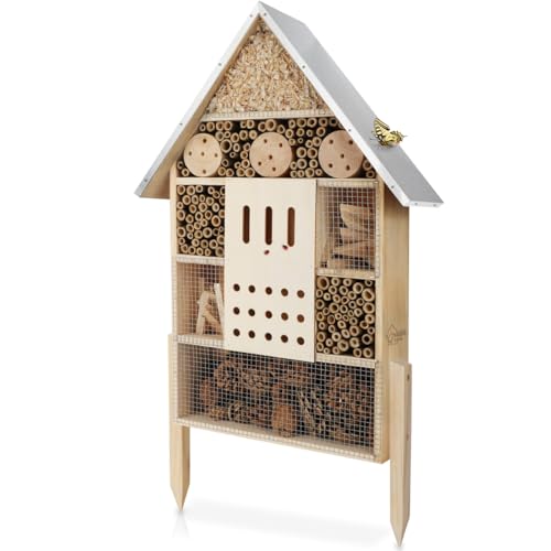 WILDLIFE HOME Insektenhotel XXL Stehend Bienenhotel mit Standfuß 79 cm & Metalldach I Groß Wildbienenhotel, Insektenhaus für Bienen, Marienkäfer & Schmetterlinge, fertiges Insektenhotel kein Bausatz
