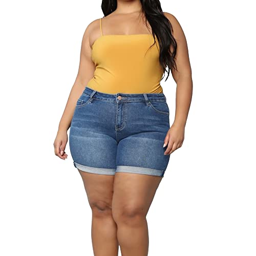 OULIWANGLUO Damen Plus Size Stretch Denim Shorts Elastische Casual Denim Kurze Hose Sommer Lässige Bequeme Kurze Jeans für Frauen (Blau,L)