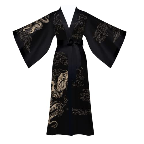 Yemmert Satin Morgenmantel Damen Leicht Lang Robe Drachen Kimono Satin Bademantel Damen Strandkleid Leicht Schlafmantel (Schwarz)