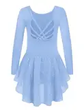 Arshiner Ballettkleidung Mädchen Ballettkleid Langarm Ballett Trikot Ballettrock Kinder Ballettanzug Rückenfrei Tanzkleid mit Tutu Blau 140/5-6 Jahre