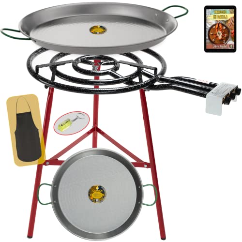 COMBOI - Paella-Set für Paella-Butangas, 60 cm, Paella-Brenner 70 cm + Paella-Pfanne 42 cm, verstärkte Füße, Wasserwaage, Schürze, digitales Rezeptbuch
