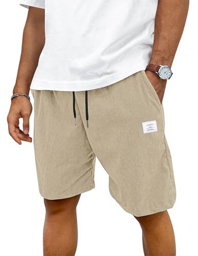 TARAINYA Corduroy Kurze Hosen Herren Baumwolle Kordelzug Shorts Herren Sommer Stretch Freizeitshorts mit Taschen Hellkhaki XL