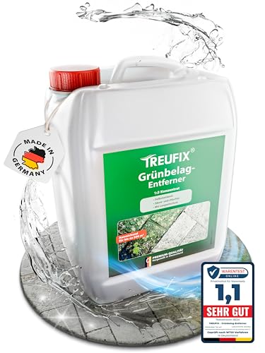 Treufix - Grünbelagentferner & Moosentferner Konzentrat [Chlor- und säurefrei] selbsttätige Entfernung von Grünspan, Grünbelag & Moos |Steinreiniger für Pflastersteine, Terrassen 5L Made in DE