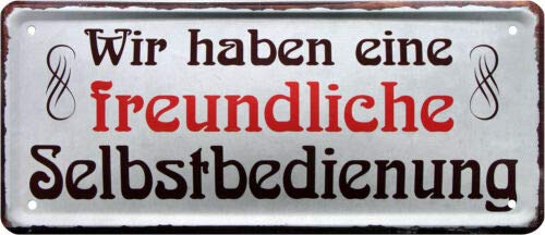 WOGEKA ART Retro Blechschild Wir haben eine freundliche Selbstbedienung witziger Spruch als Geschenk-Idee zum Geburtstag Weihnachten zur Dekoration 28x12 cm Vintage-Design aus Metall 1941