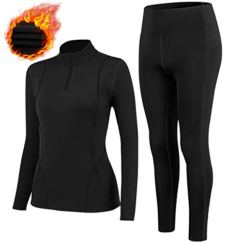 TBoonor Thermounterwäsche Damen mit Winddichter Stehkragen, Thermowäsche Set Thermo Unterwäsche Skiunterwäsche Funktionswäsche Atmungsaktiv Flexibel Thermounterhemd Thermounterhose Suit