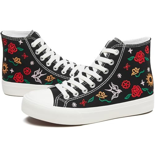 TUOPIN Damen High Top Canvas Sneakers - Weiß und Schwarz Mode Stickerei Casual Walking Schuhe für Frauen Bequeme Atmungsaktive Schnürschuhe Tennisschuhe, Schwarz, 41 EU
