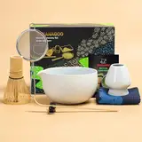 TEANAGOO Japanisches Tee-Set (7-teilig), Matcha-Schüssel mit Ausgießer, Bambus-Matcha-Schneebesen (Chasen), Schaufel (Chashaku), Matcha-Schneebesenhalter, Matcha-Schneebesen-Set, N3, Hellgrau