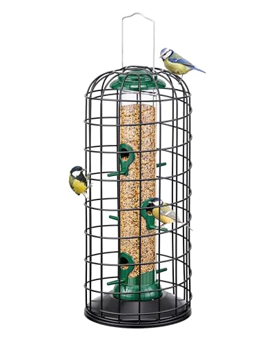 iBorn Vogelfutterspender mit Käfig gegen Eichhörnchen, Futterhaus für Vögel, Vogelhaus zum Aufhängen im Außenbereich, Robustes Metall, Grün，36,5cm